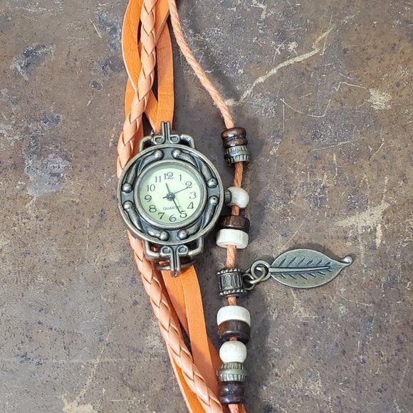Beaded Bracelet Boho Watch - Leaf Charm - Orange - Picture 8 of 9